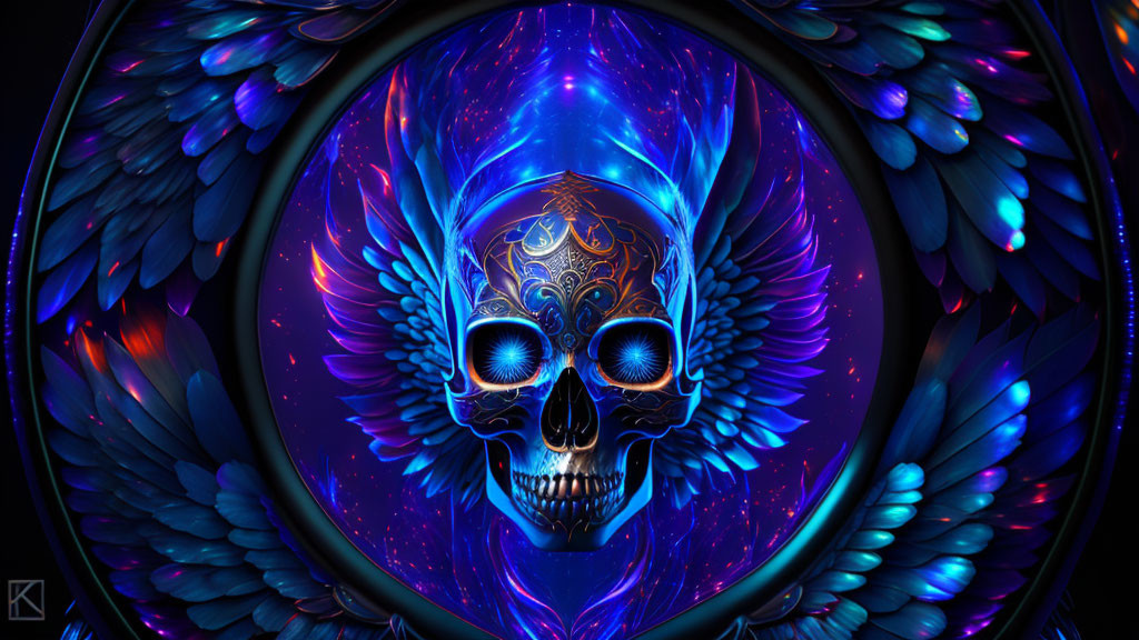 Colorful digital artwork: Ornate skull with iridescent feathers in blues and purples