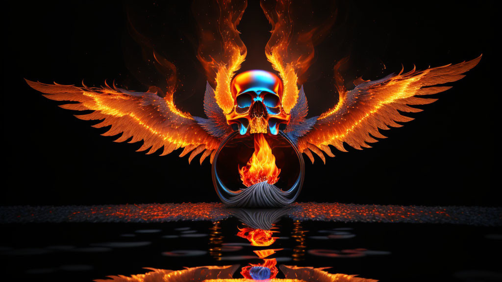 Flaming skull with fiery wings reflected on dark surface