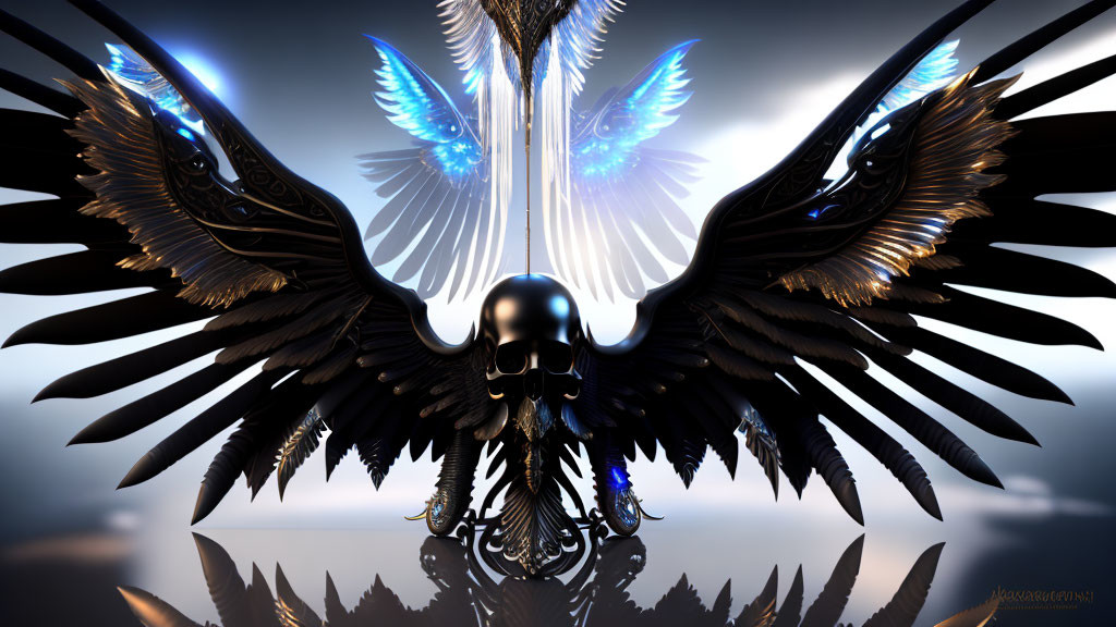 Stylized skull with blue wings in futuristic digital art