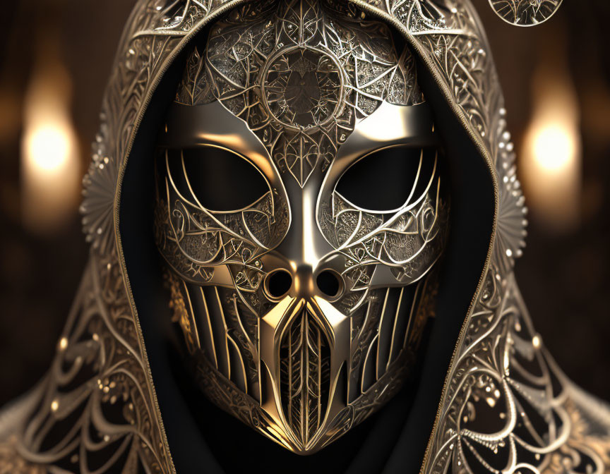 Golden Mask with Intricate Patterns on Humanoid Face Against Dark Cloak & Glowing Lights