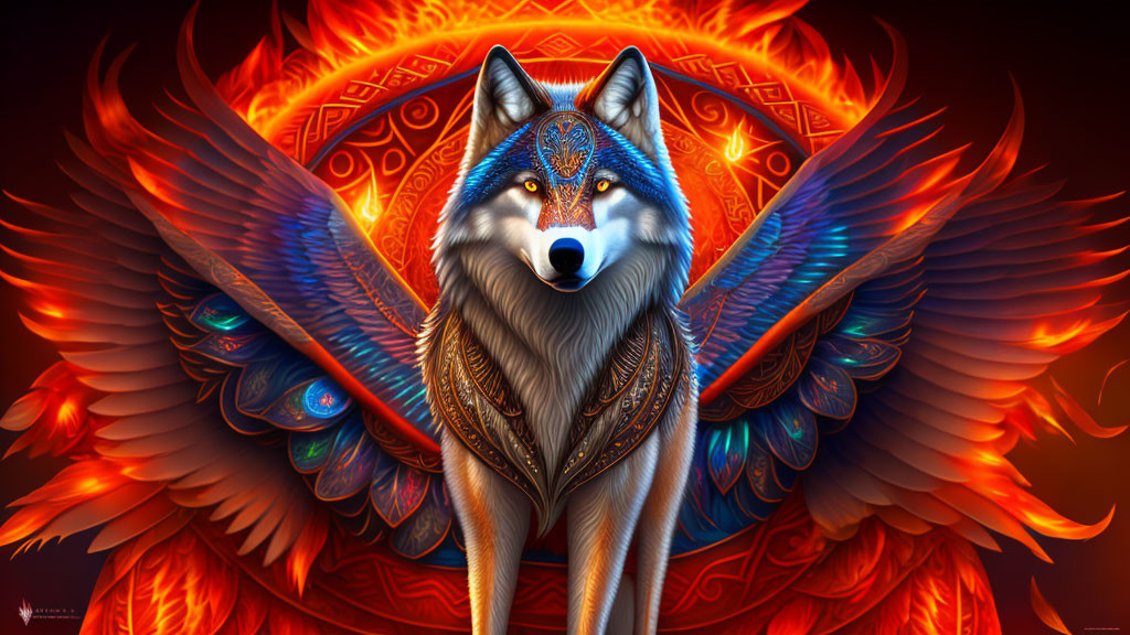 Colorful Winged Wolf Illustration with Fiery Designs and Mandala Pattern