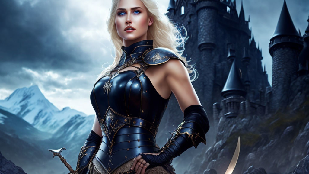 Blonde female warrior in black armor with sword at castle.