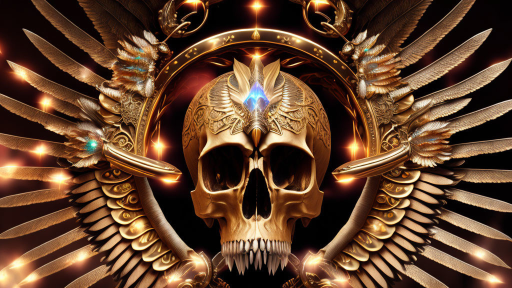 Intricately engraved golden skull with winged metal structures and blue gemstone