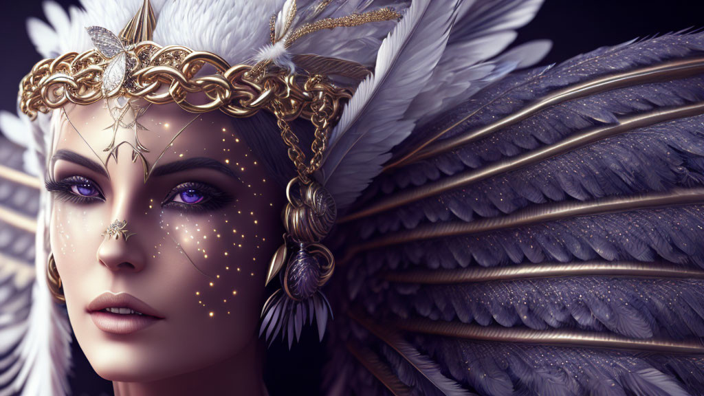 Digital artwork featuring woman with purple eyes, golden headpiece, jewelry, and feathered wings