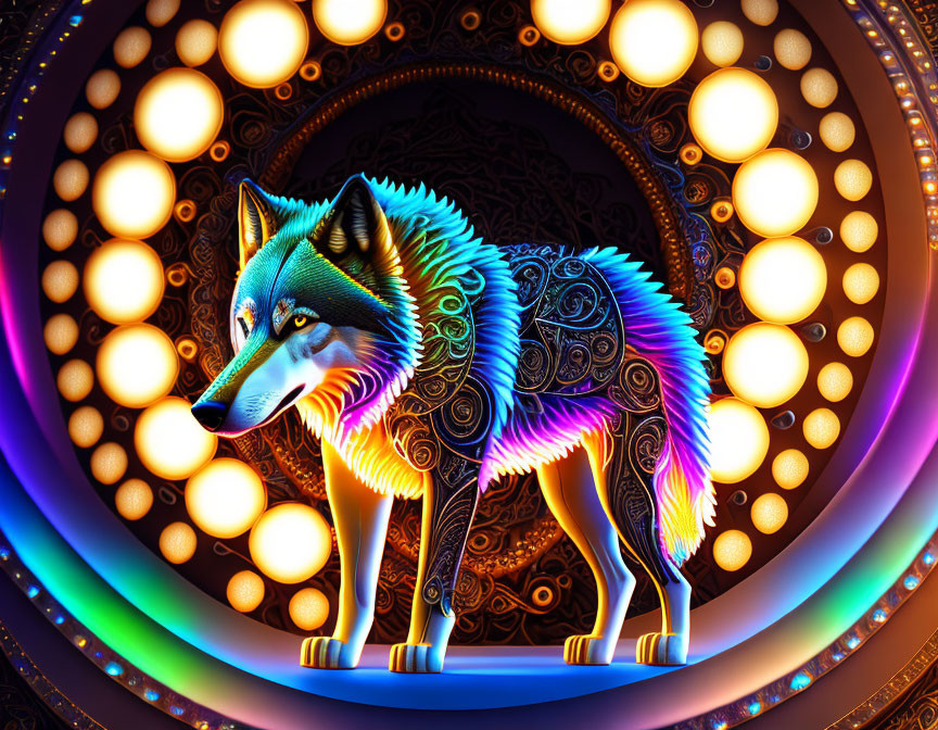 Vibrant neon-lit wolf art with intricate patterns on glowing backdrop