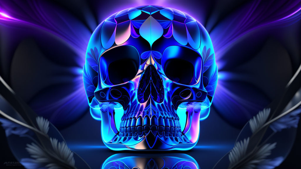 Neon Blue and Purple Digital Artwork of Decorated Skull on Symmetrical Background