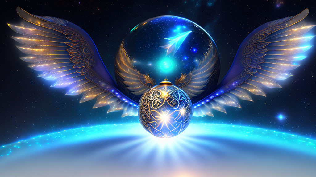 Intricate patterned orb with ethereal wings on starry backdrop