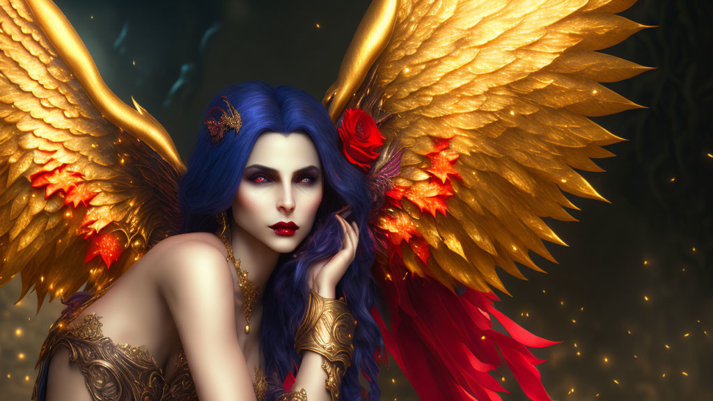 Fantasy artwork of a blue-skinned woman with red hair and golden wings