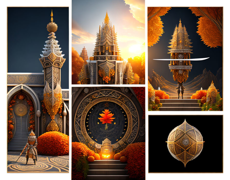 Fantasy-themed collage: ornate architecture, knight, autumn leaves, mystical emblem in golden hue