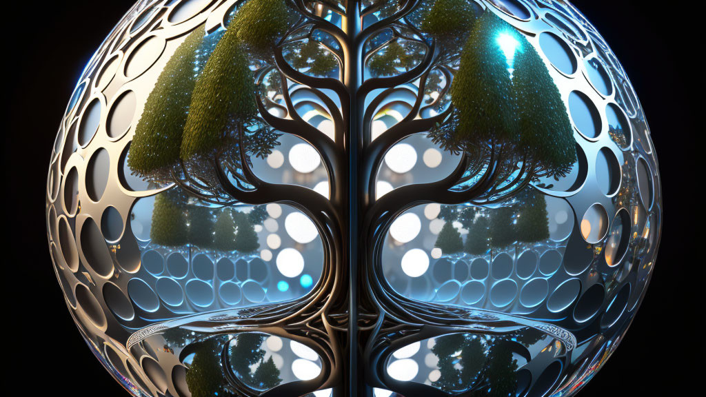 Metallic sphere with intricate tree designs in symmetrical artistic representation