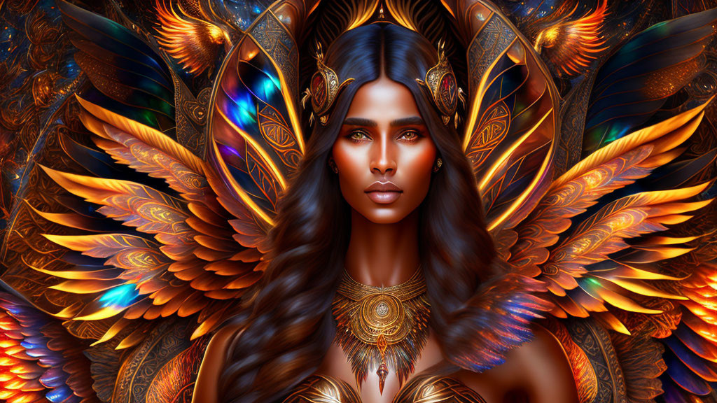 Digital artwork: Woman with striking features and golden feather surroundings.