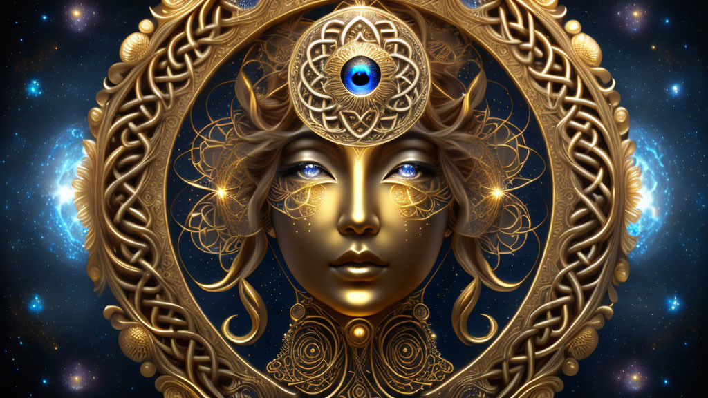 Fantasy Artwork: Female Figure with Gold Headdress and Glowing Blue Eye in Celestial Setting