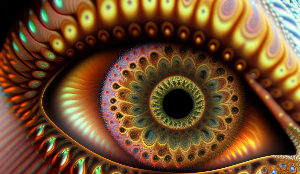 Colorful fractal image of intricate eye-like pattern