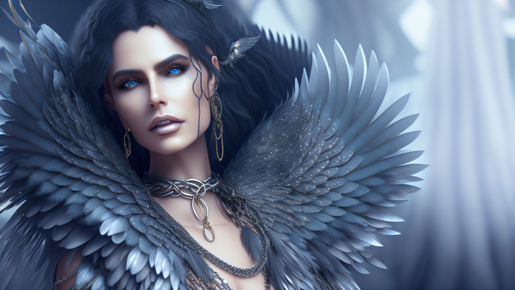 Dark-haired woman with blue eyes and feathered wings in digital art.