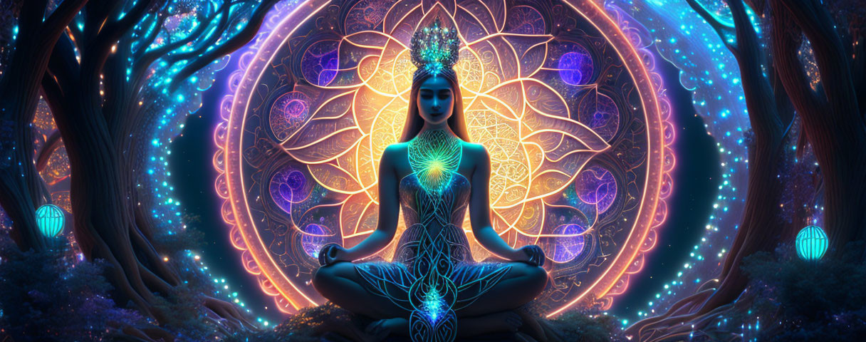 Serene person meditating with illuminated body in mystical mandala setting