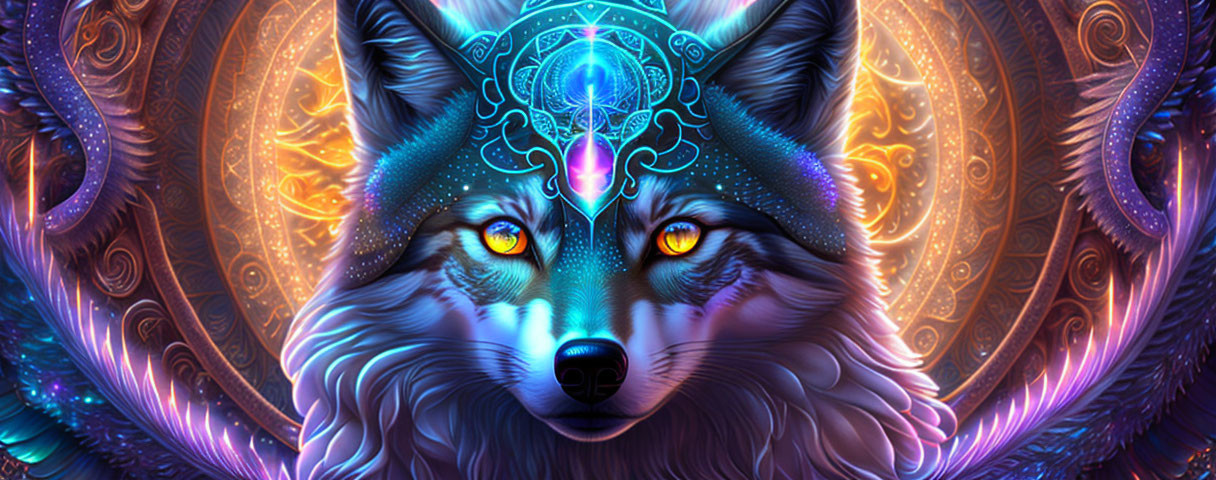 Colorful digital artwork of mystical wolf with glowing eyes and ornate headpiece