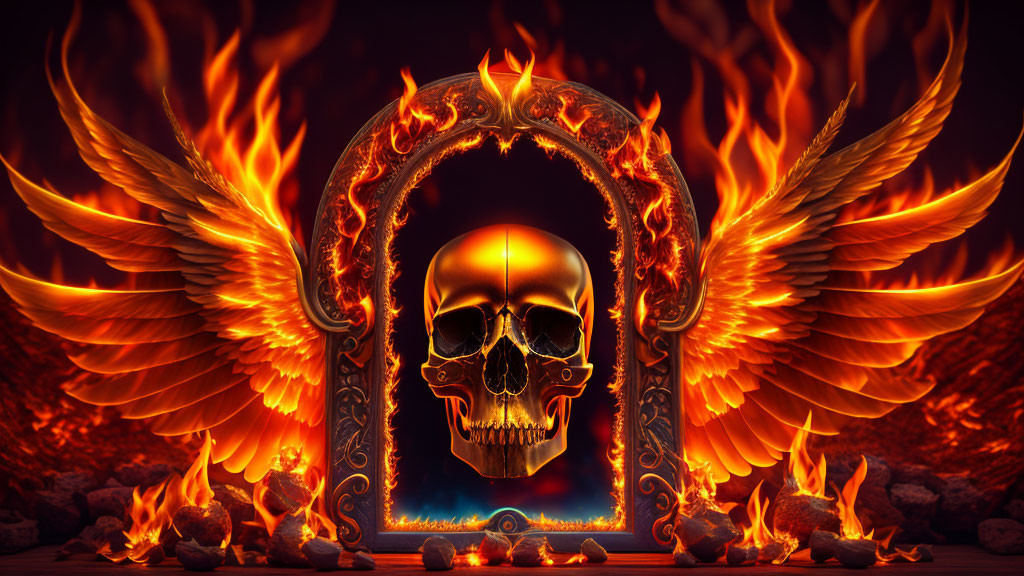 Golden skull with fiery wings in flame-engulfed mirror on ember-strewn backdrop