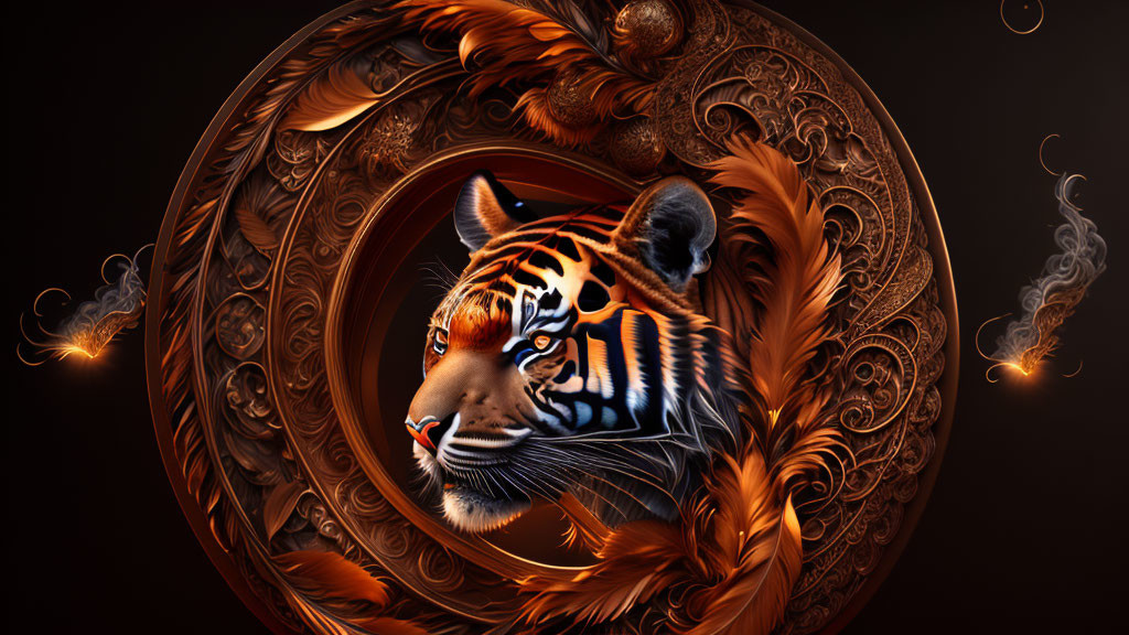 Tiger face digital art with bronze patterns and feathers on dark background