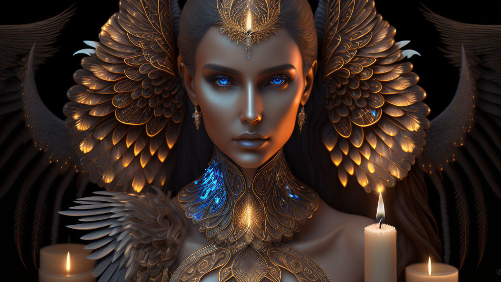 Digital artwork featuring woman with blue eyes, golden crown, feather-like shoulder armor, and lit candles.