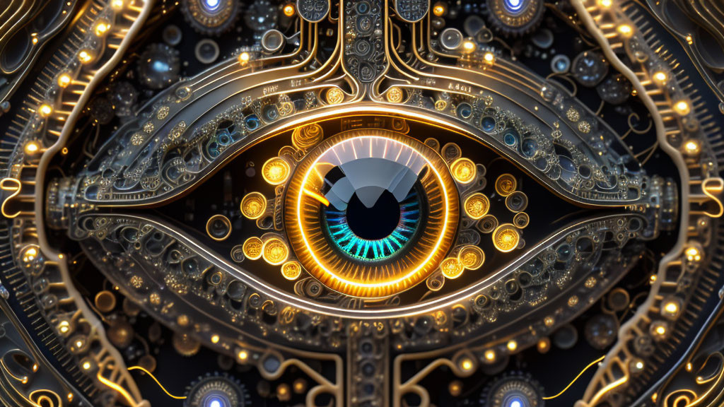 Intricate digital artwork: mechanical eye with organic and cybernetic fusion