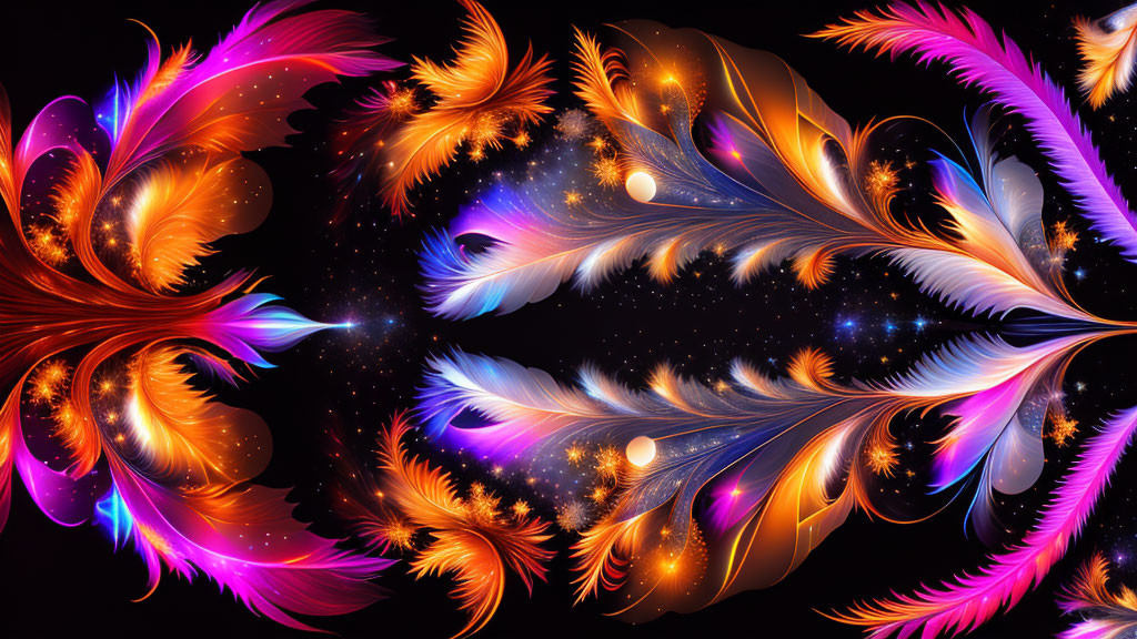 Colorful feather-like patterns against cosmic backdrop in warm orange and cool purples and blues.