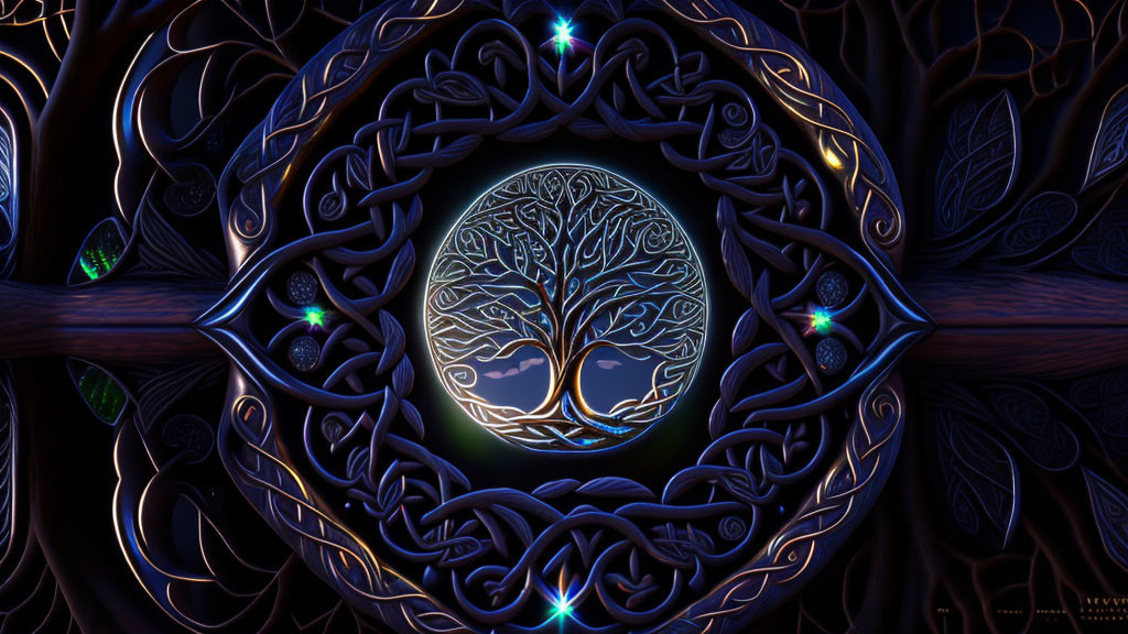 Radiant digital art: Tree with intricate roots in Celtic-knot pattern