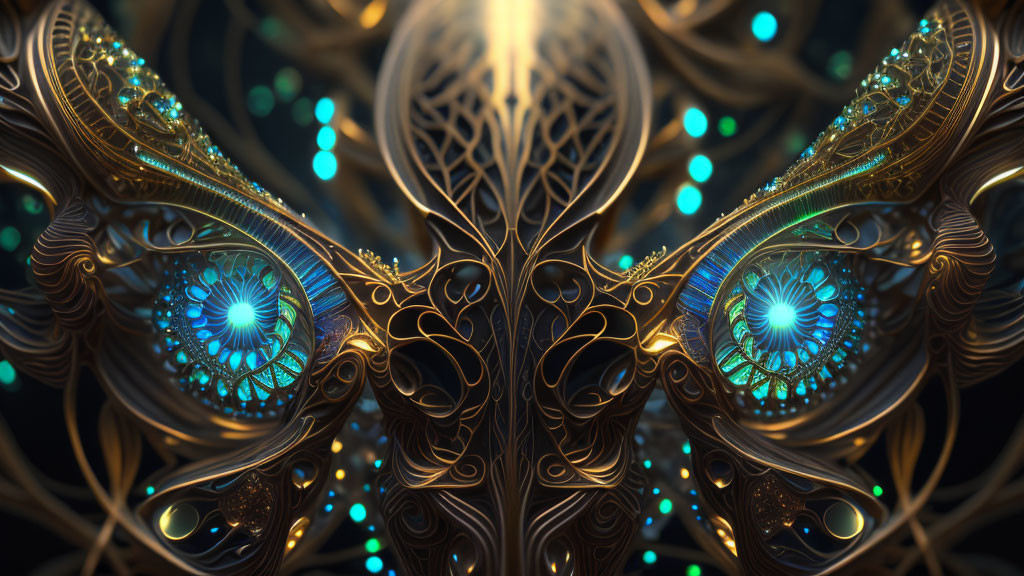 Symmetrical fractal artwork: Golden patterns, blue mystical eyes