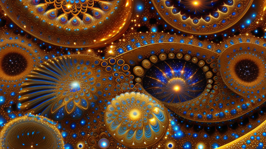 Intricate Blue, Gold, and Brown Fractal Patterns