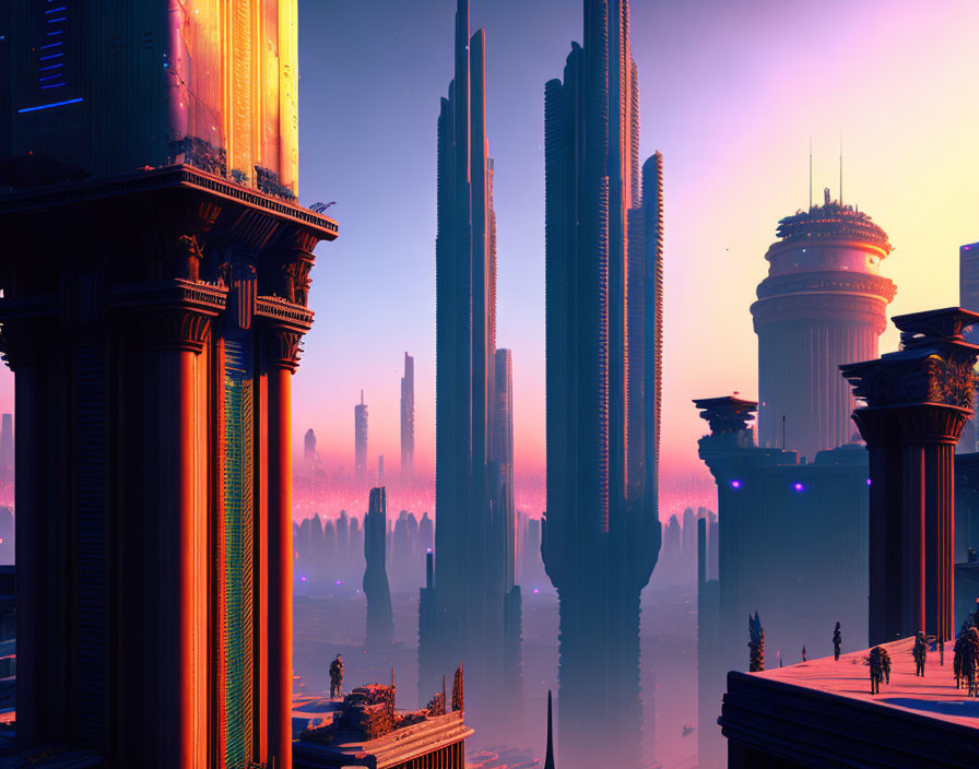 Futuristic cityscape: towering skyscrapers, purple sky, people silhouettes.