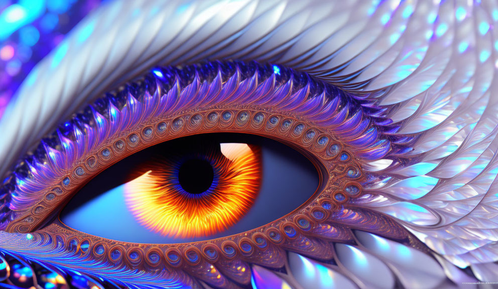 Detailed Digital Artwork: Eye Surrounded by Feathers in Blue, Purple, and Orange