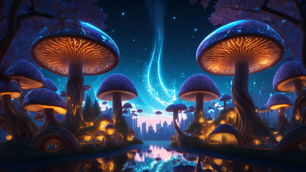 Fantastical landscape with oversized luminescent mushrooms and reflective water body