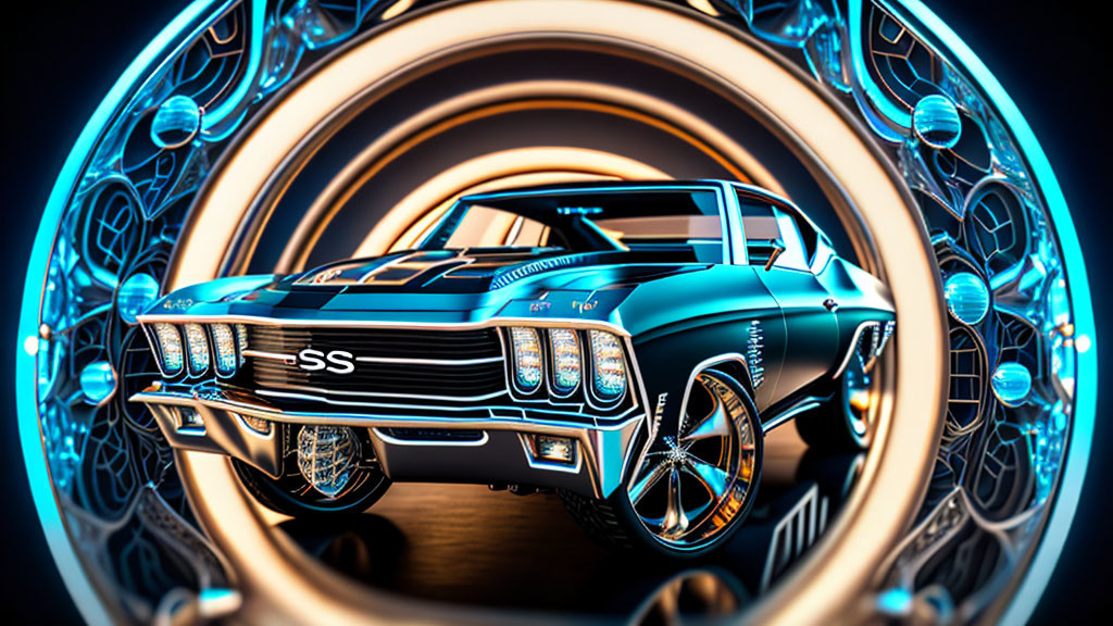 Vintage Muscle Car with SS Emblem on Teal Body and Racing Stripes on Futuristic Mandala Background