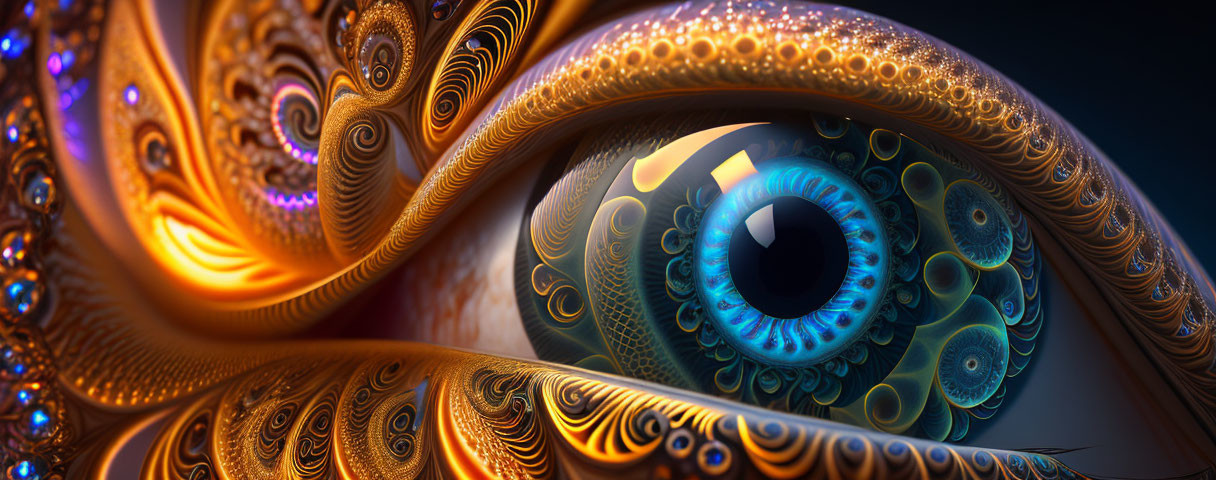 Intricate golden fractal patterns swirling around an eye