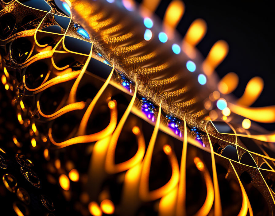 Abstract 3D Render: Golden Patterns, Blue Lights, Dark Background