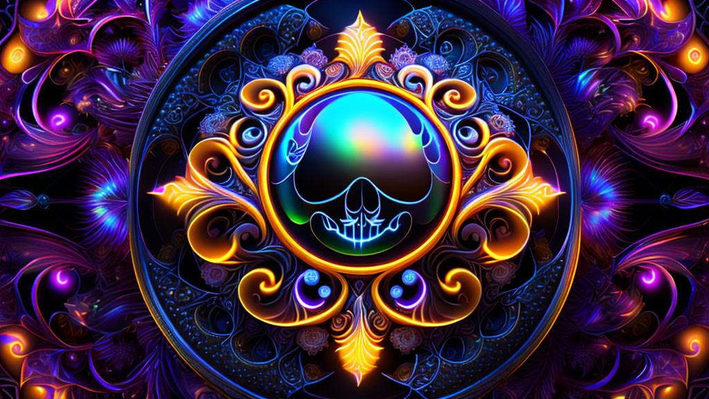 Colorful digital artwork: Skull with ornate patterns in blues, purples, oranges