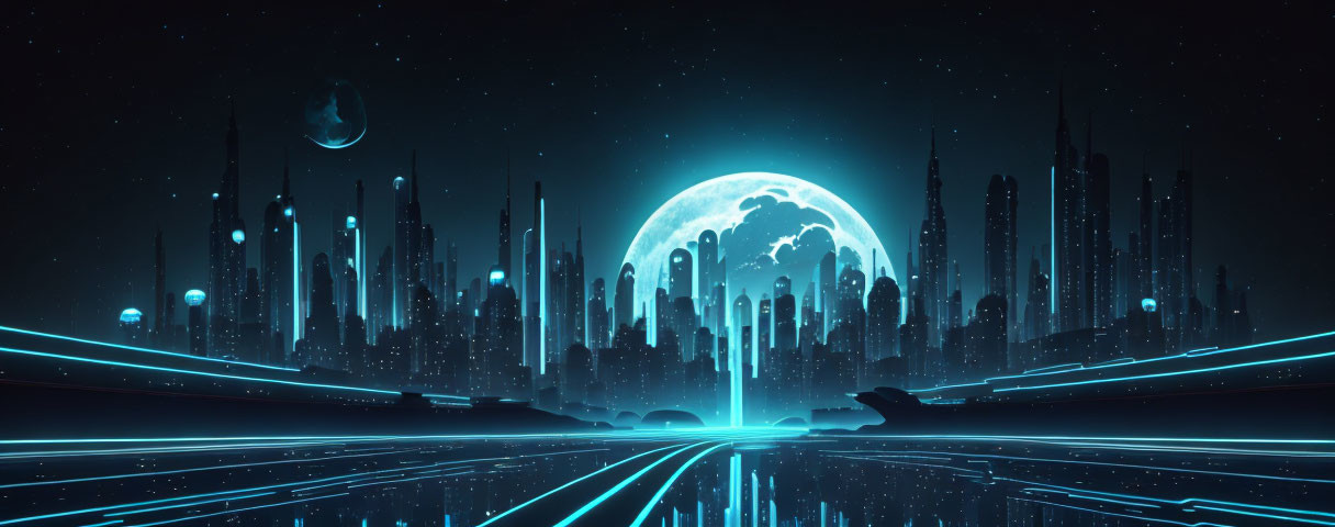 Nighttime futuristic cityscape with moon, stars, and neon lights