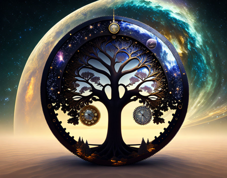 Surreal tree with clockwork gears against cosmic backdrop