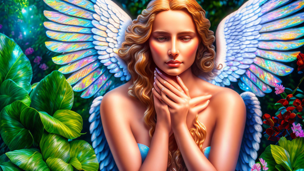 Colorful Winged Angel Surrounded by Greenery and Butterfly
