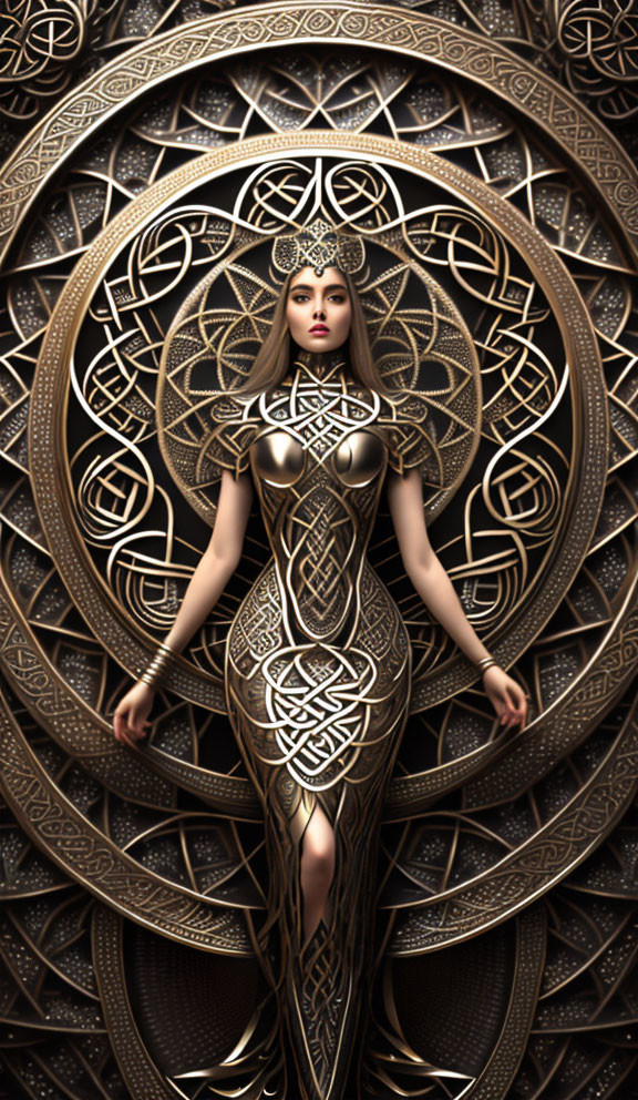 Elaborate golden dress woman with mandala-like pattern