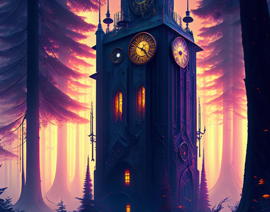 Mystical clock tower in forest with purple and orange lighting