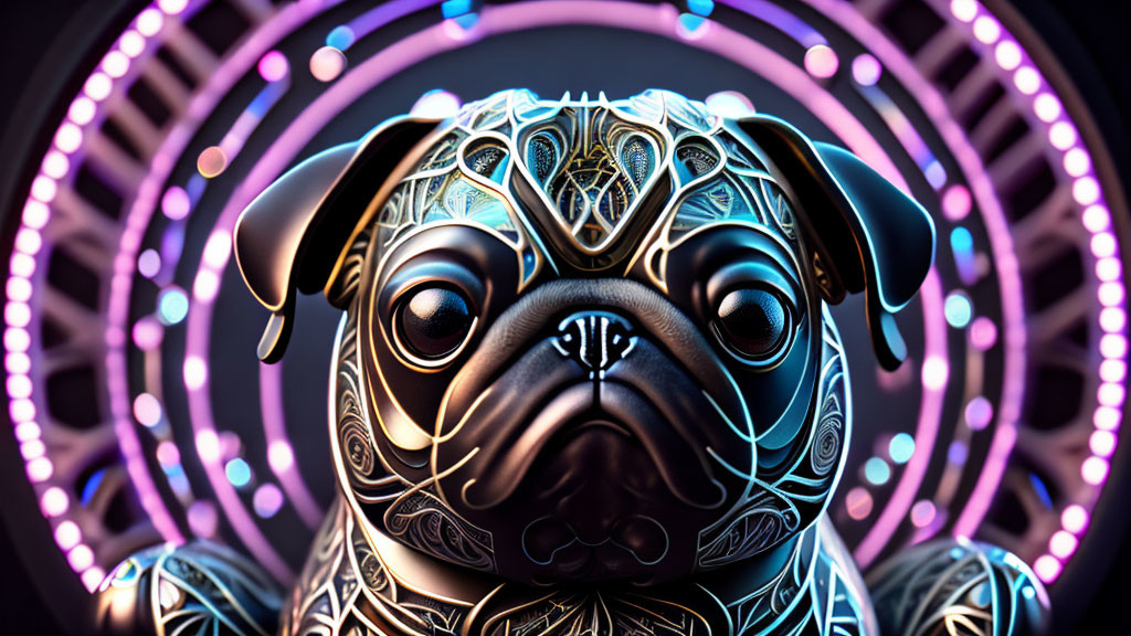 Metallic black pug art with neon lights on circular backdrop