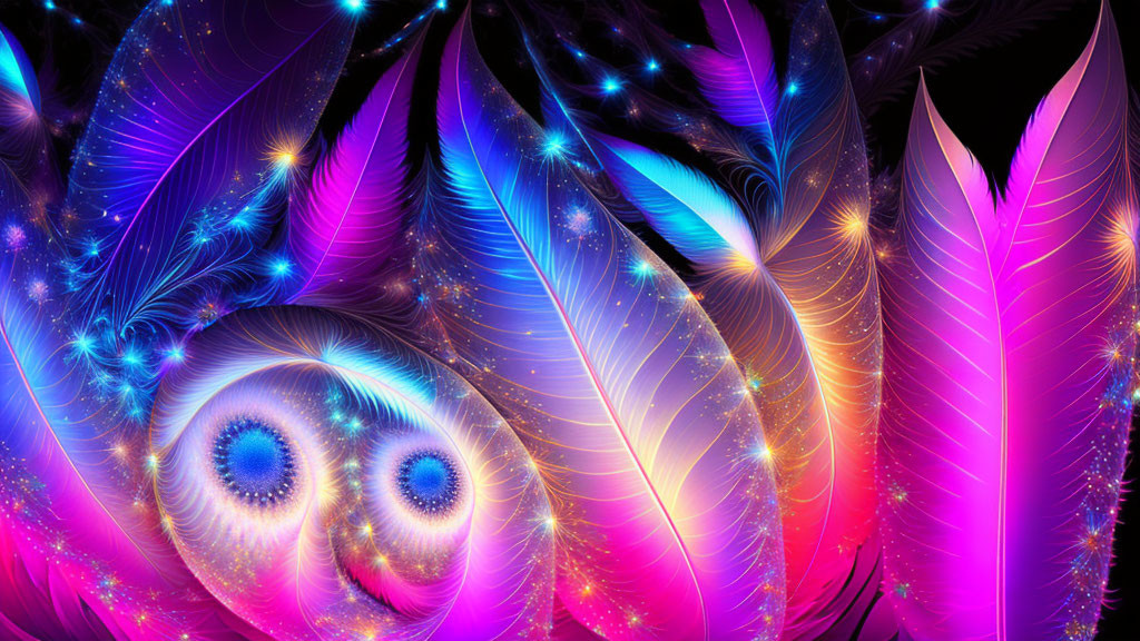 Colorful neon feather-like patterns with glowing spiral elements on dark background