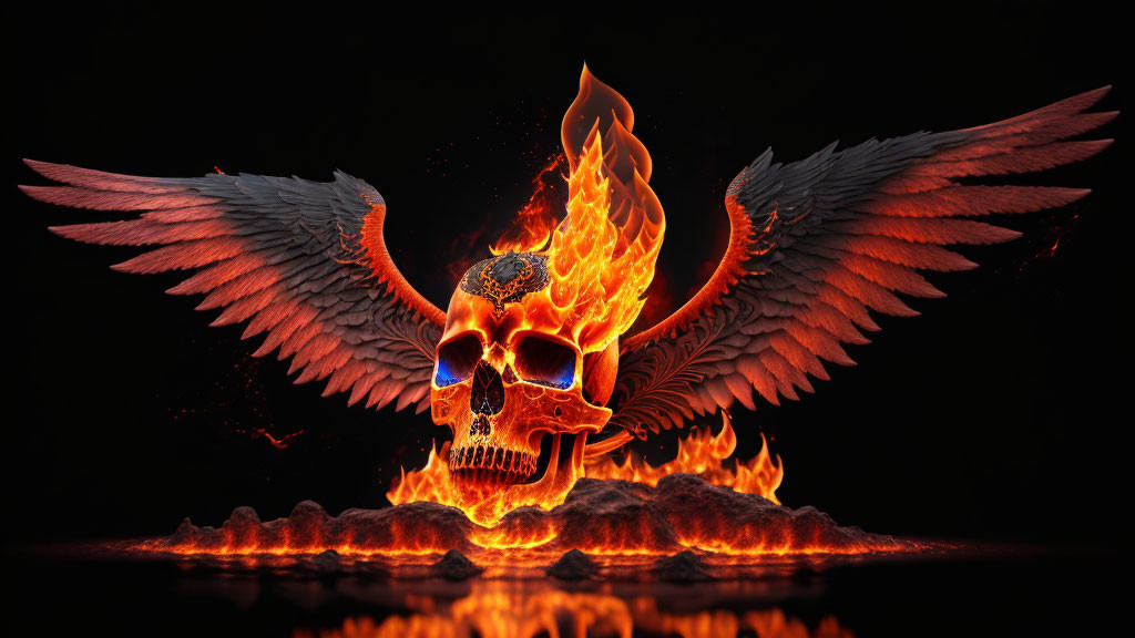 Burning skull with fiery wings on dark background and glossy reflection