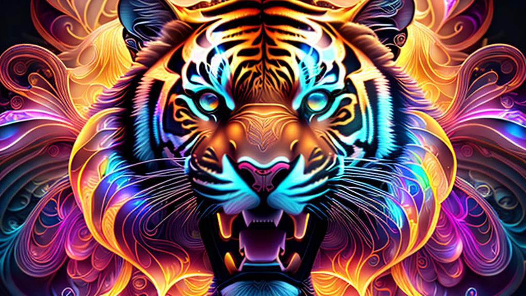 Colorful Tiger Face Artwork with Neon Patterns