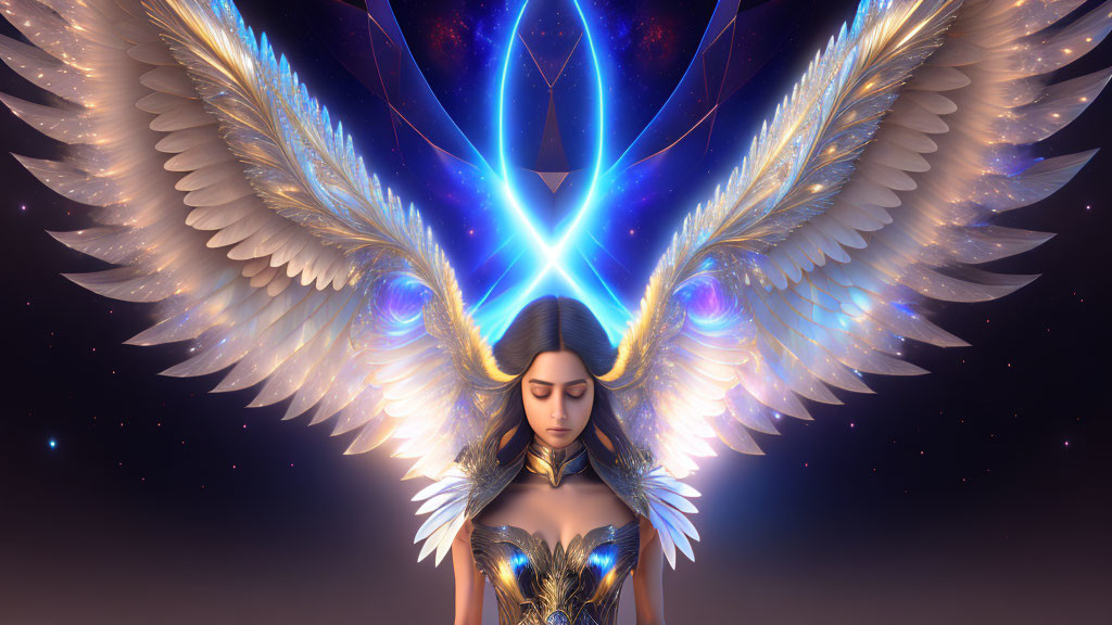 Serene woman with angel wings in cosmic setting.