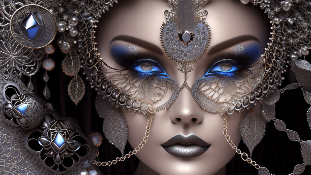 Intricate silver lace adornments on woman's face with radiant blue eyes