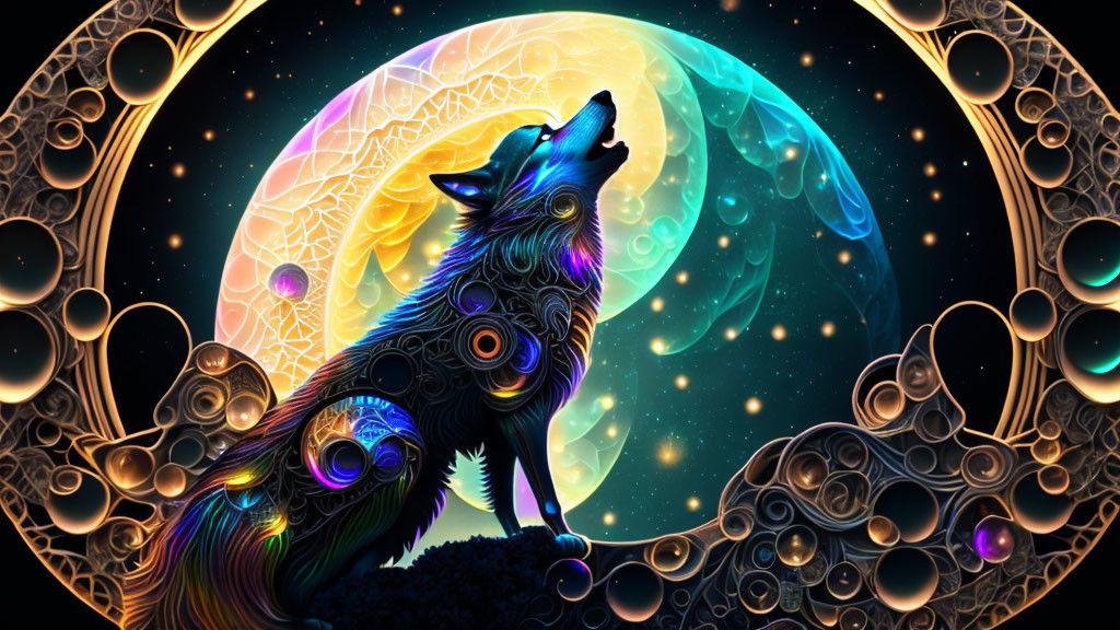 Colorful wolf howling under stylized moon and celestial patterns.