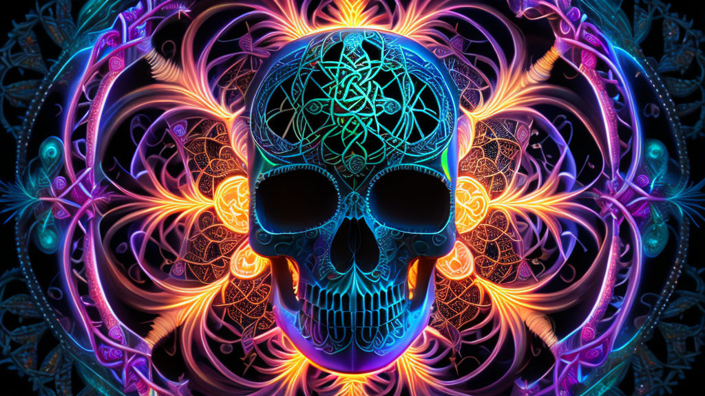 Colorful digital artwork: Intricate skull with neon fractal design