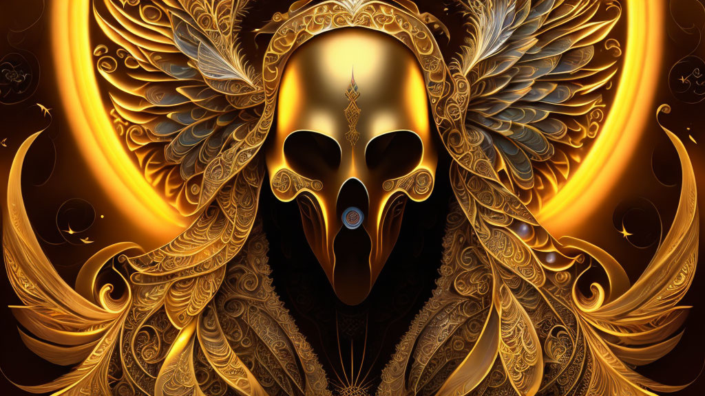 Golden mask with wings and ornamental patterns on dark background