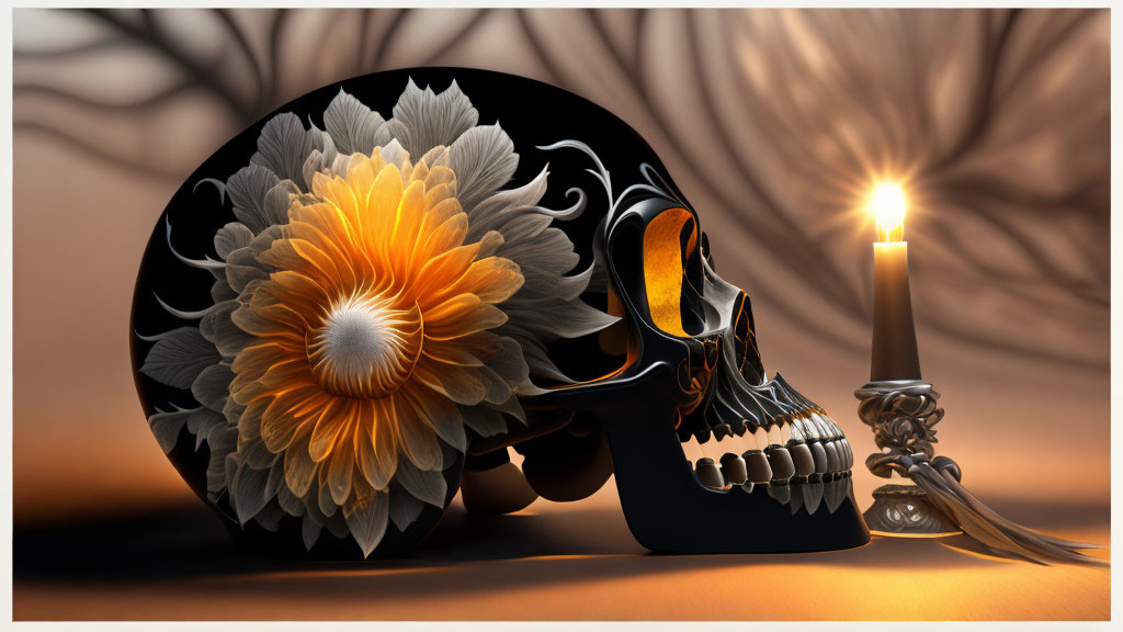 Detailed human skull illustration with floral patterns, candle, and soft-focus backdrop